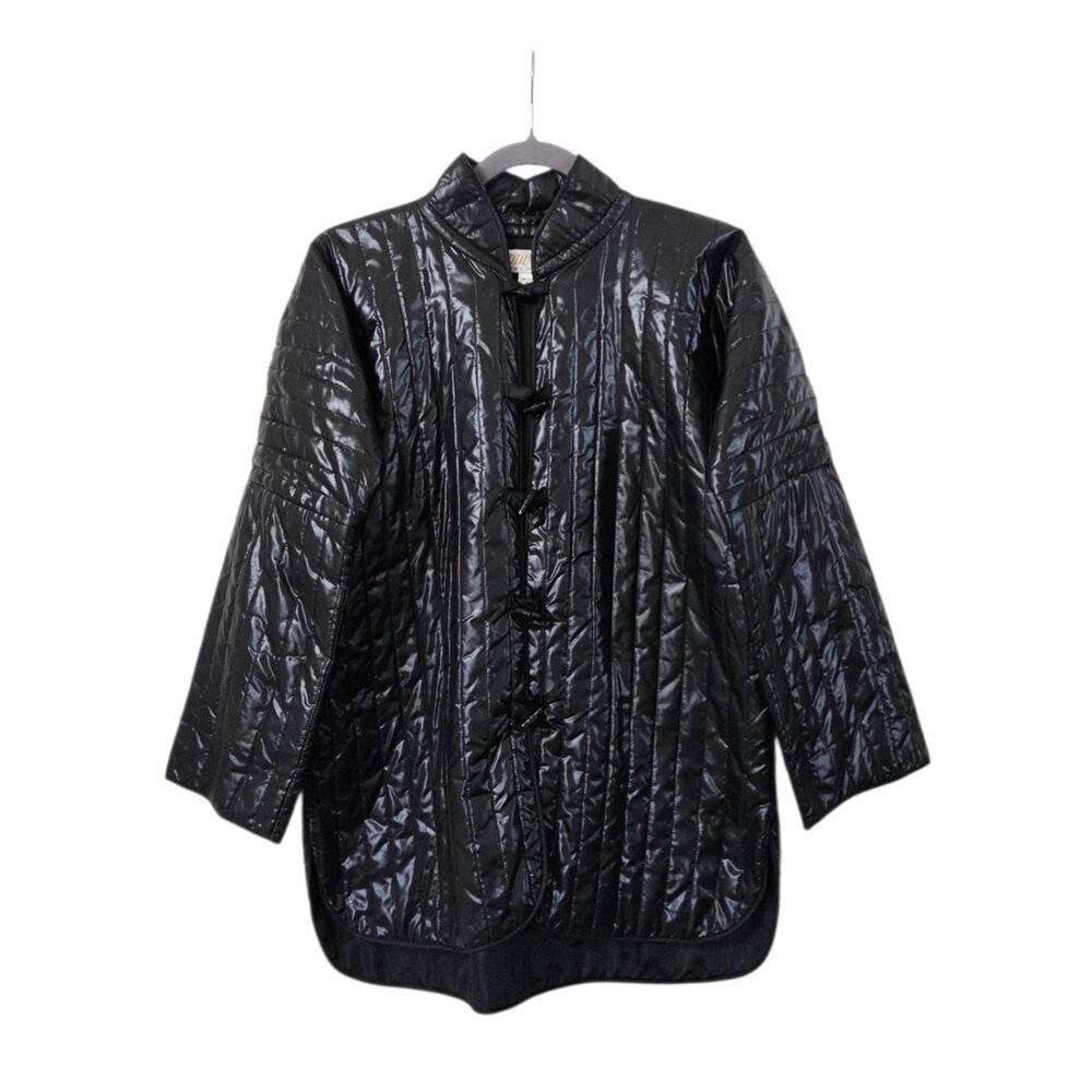 Vintage Cuddle Coat NY Black Quilted Mandarin Inspired Shiny Coat Women's Medium